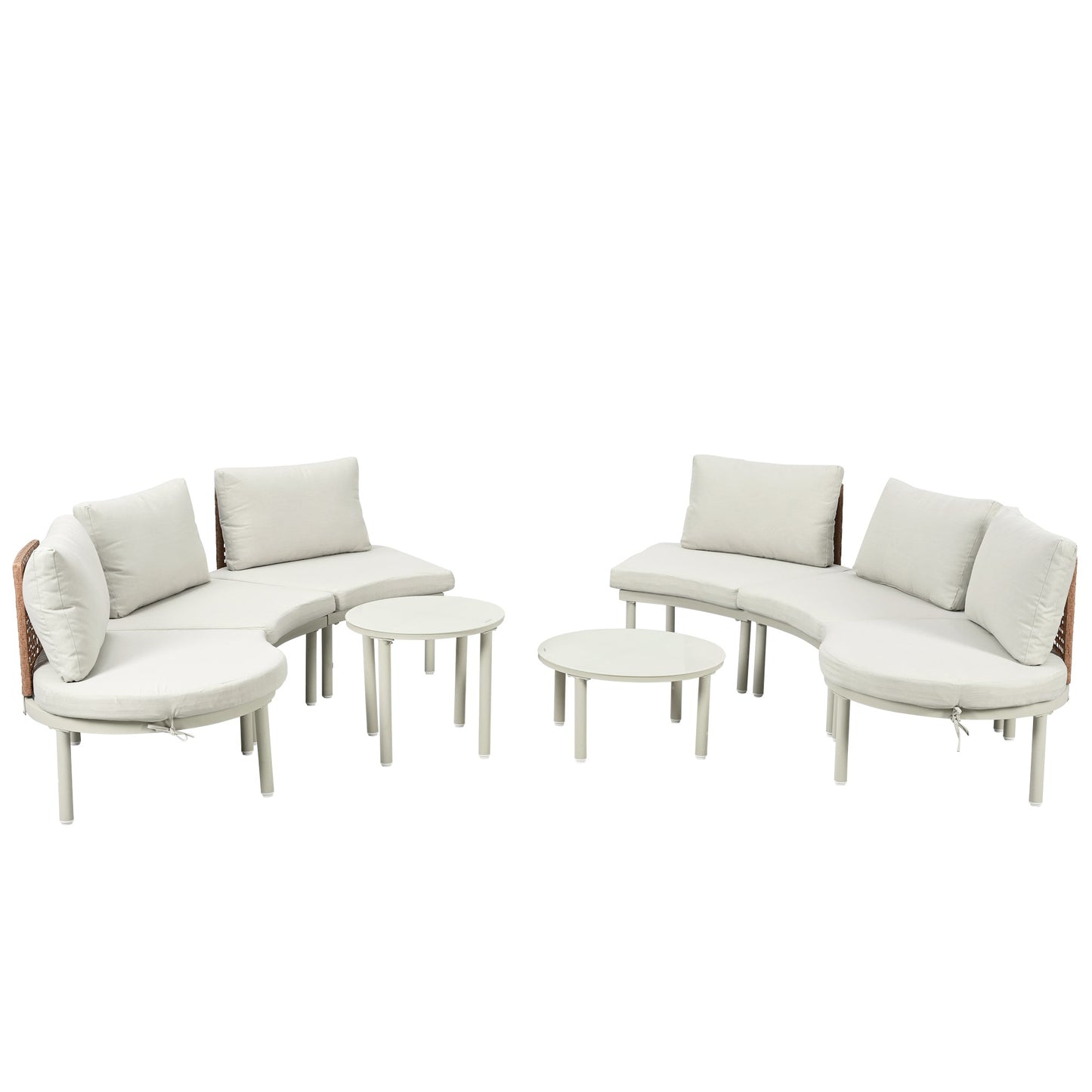 Outdoor Patio Set Half Moon Sectional with Two Coffee Tables Beige Pe Wicker
