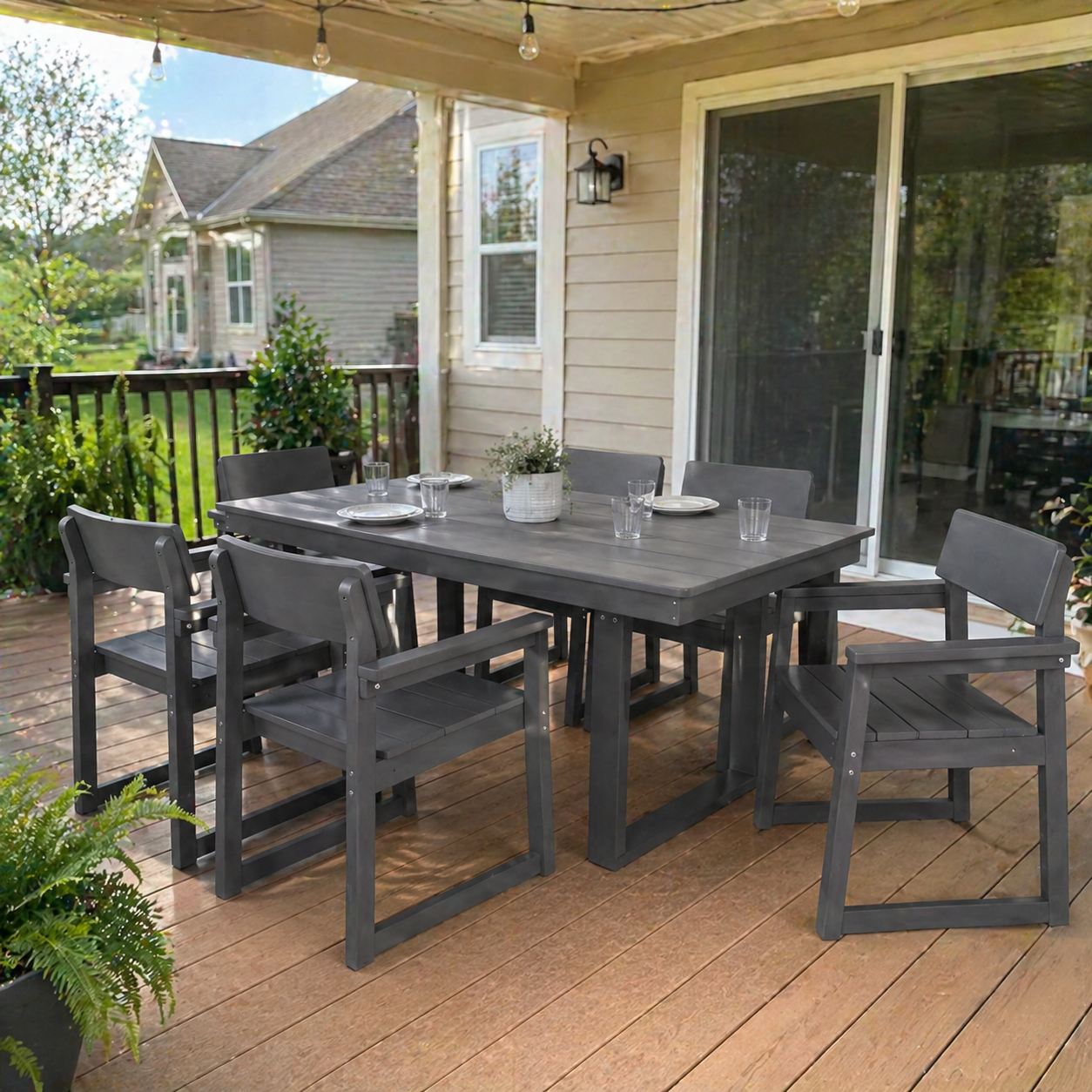 Outdoor Dining Set 6 Person HDPE Gray Weather Resistant Umbrella Hole