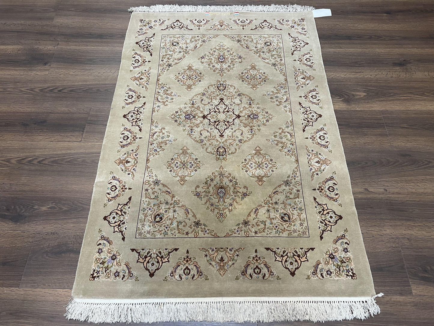 Very Fine Persian Isfahan Rug 3x5 ft with Signature, Kork Wool on Silk Foundation, Gray-Taupe Vintage Hand Knotted Oriental Carpet, 60 Raj 460 KPSI