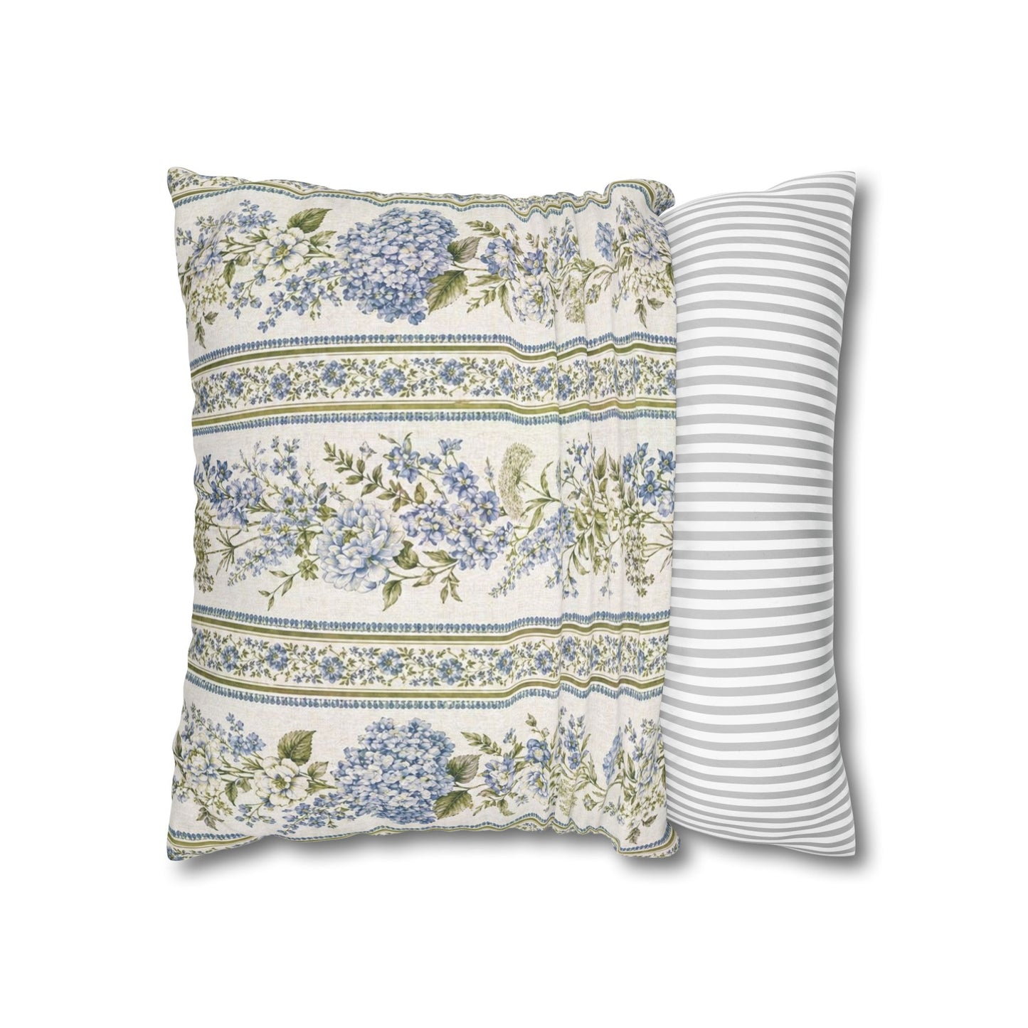 Blue Hydrangea Stripe Pillowcase | Square Decorative Throw Pillow Cover 18"x18"