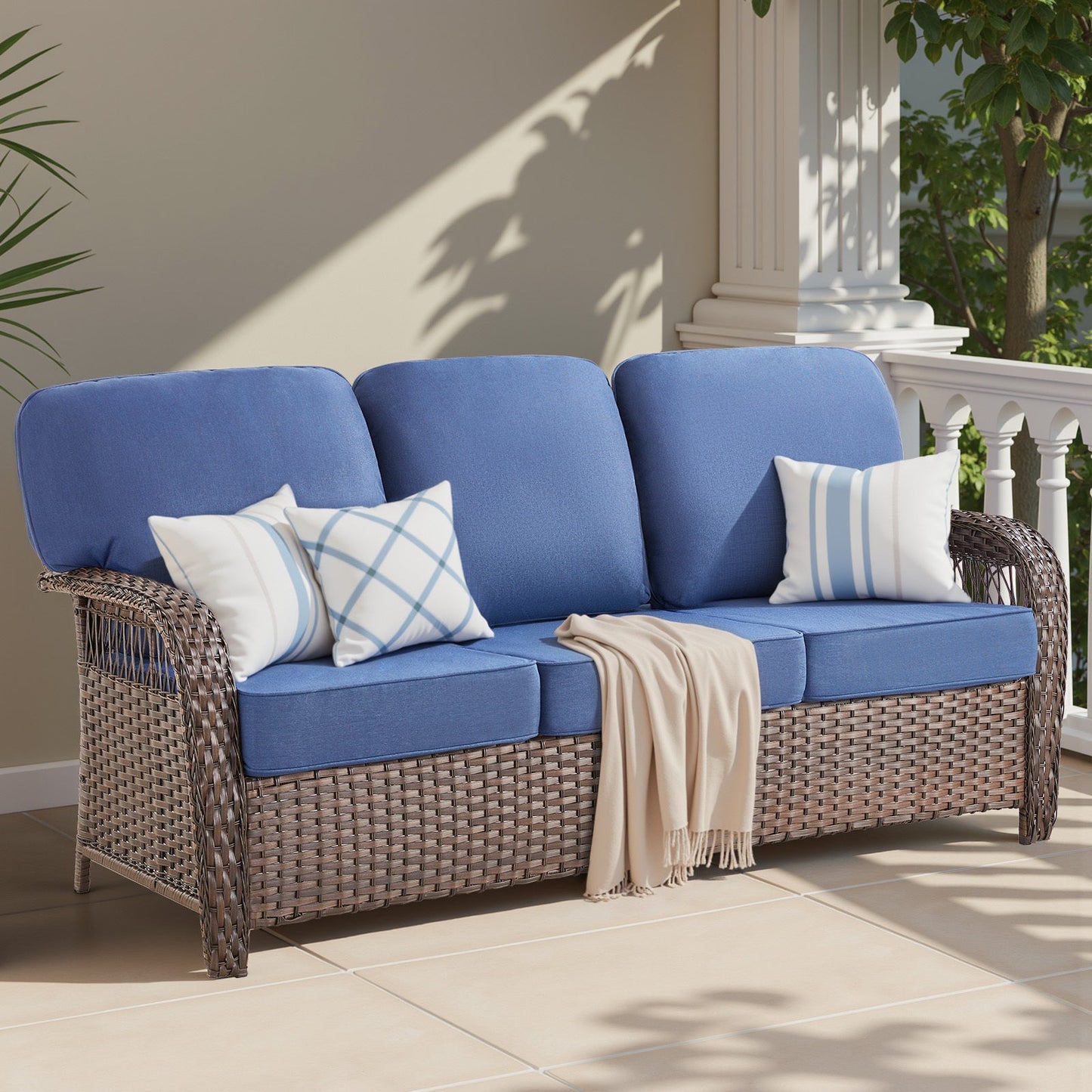 Outdoor Sofa PE Wicker Blue 3-Seat 75 in with T-Back Cushions