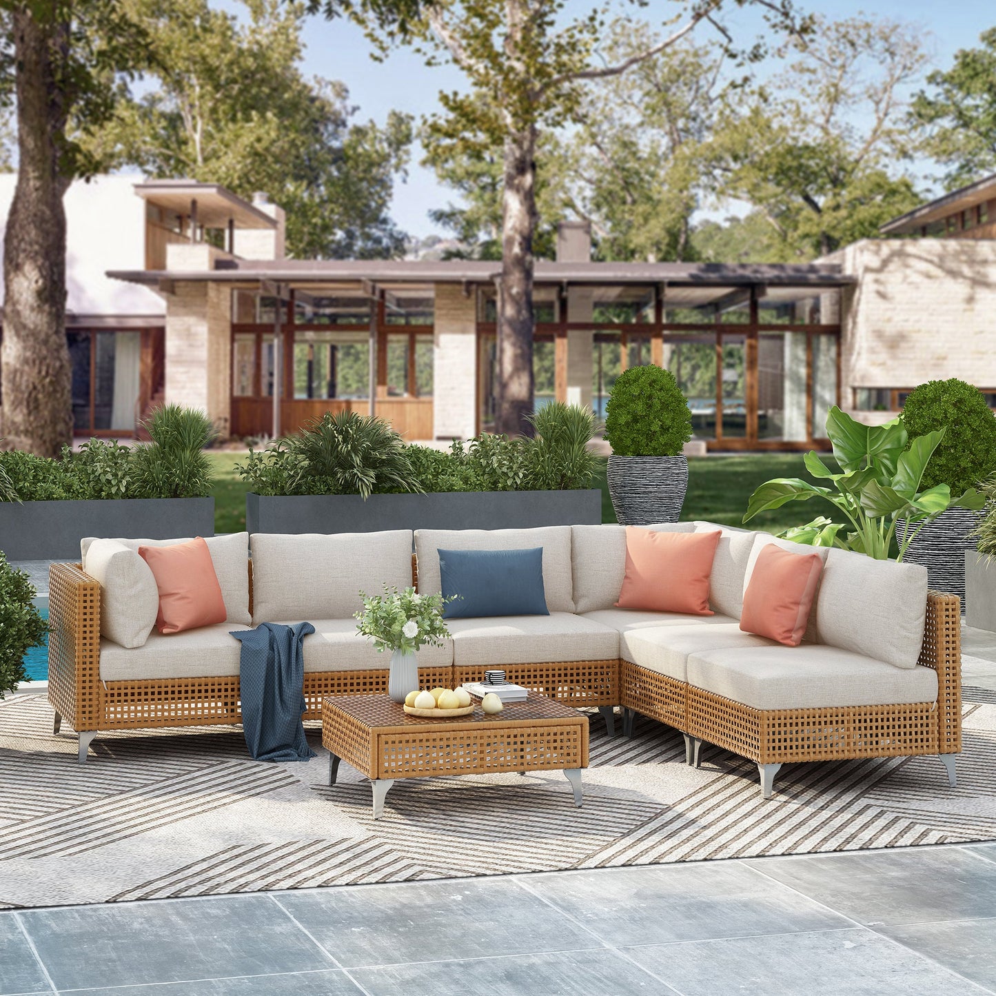 Patio Set Wicker Sectional with Water Resistant Beige Cushions and Coffee Table