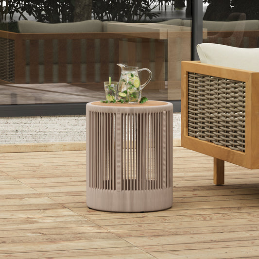 Outdoor Rattan rope & Acacia Wood Side Table - Patio Balcony Furniture for