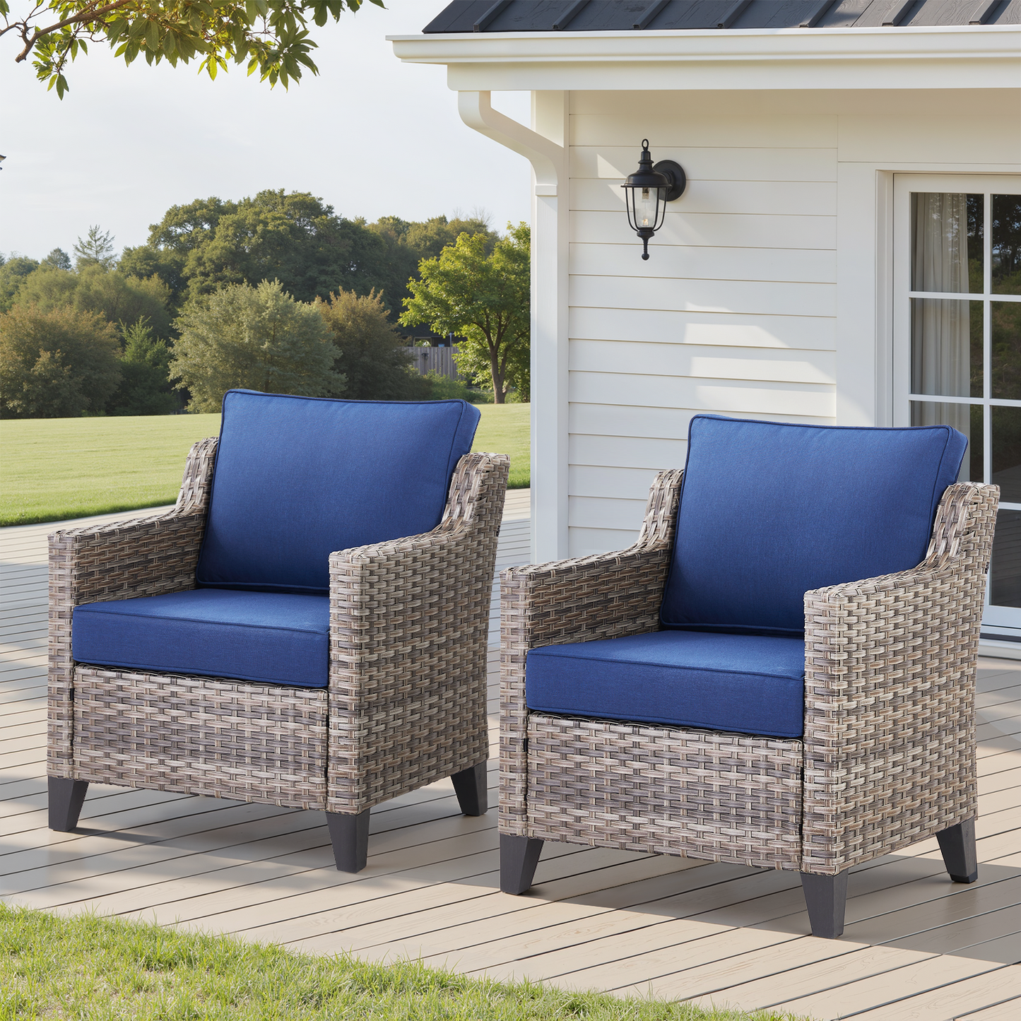 Outdoor Lounge Chair Set Wicker Blue Sloped Armrest 4 in Cushion 2 Piece