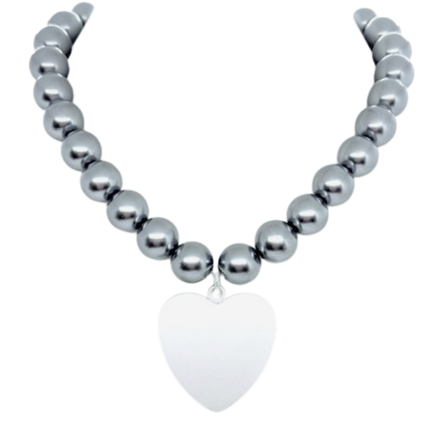 Grey 14MM Pearl Necklace With Large Matte Silver Heart Pendant