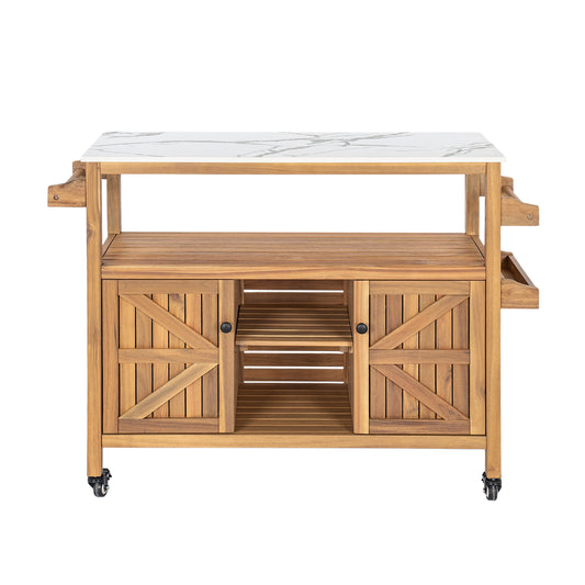 Wooden kitchen island with marble countertop on a white background