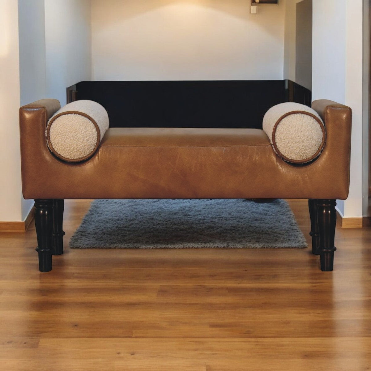 Chester Buffalo Leather Bench with Bouclé Bolsters