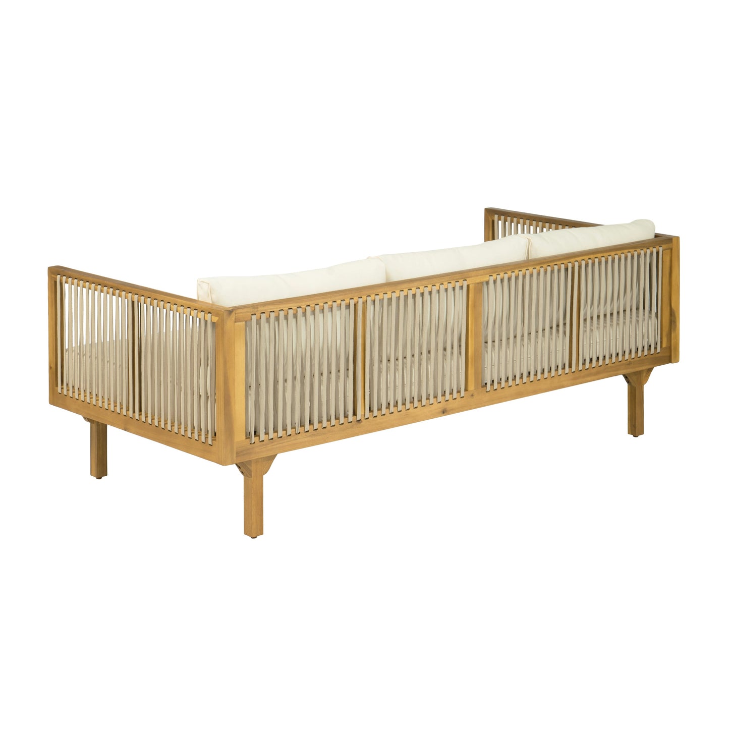 Outdoor Patio Sofa Rope Beige Cushions Teak Finish Acacia Wood