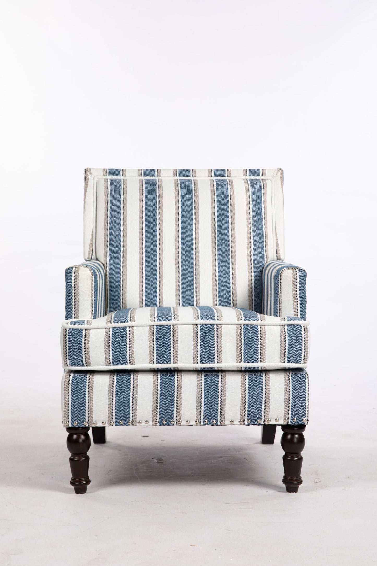 Accent Chair Vintage Blue White Stripe Linen Nailhead Trim
