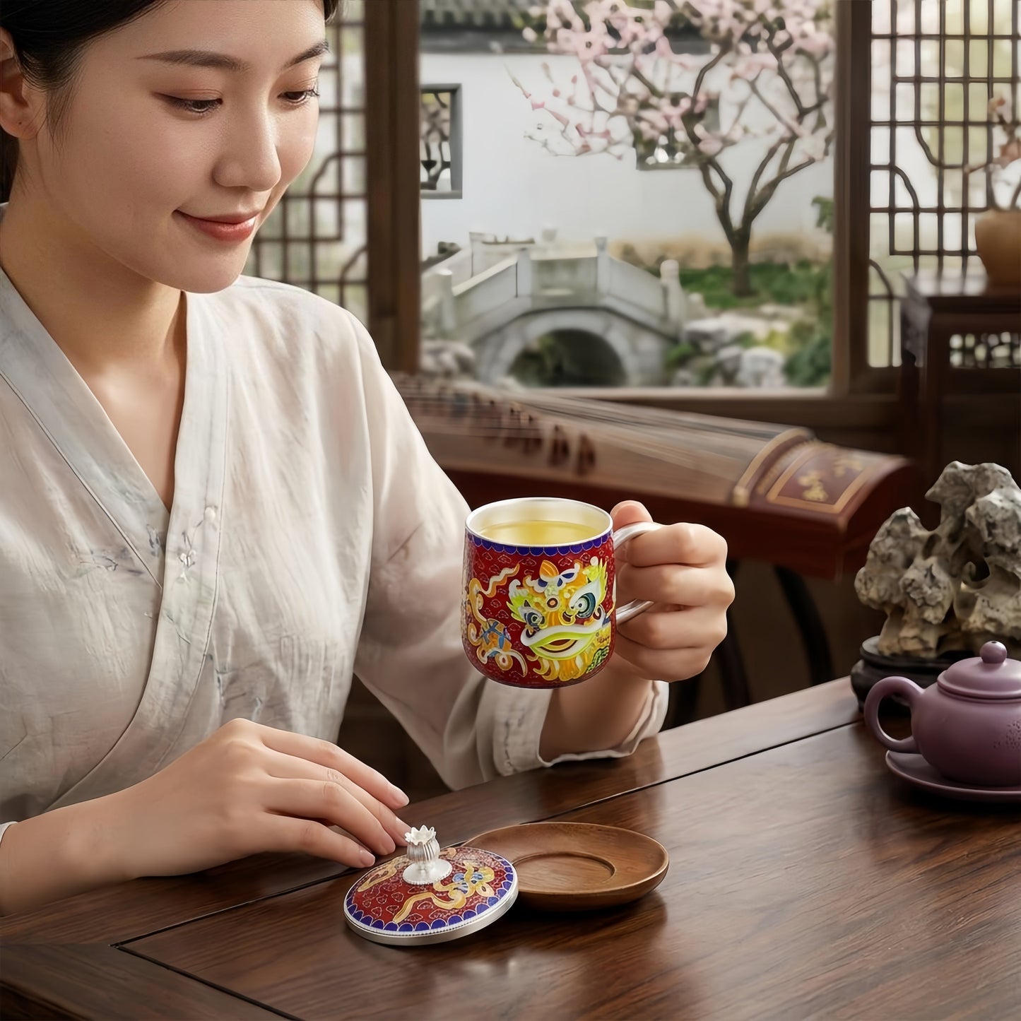 925 Sterling Silver Chinese Lion Dance Themed Ceramic Mug with  Accents-Premium Indigo Tea Mug - Handicraft