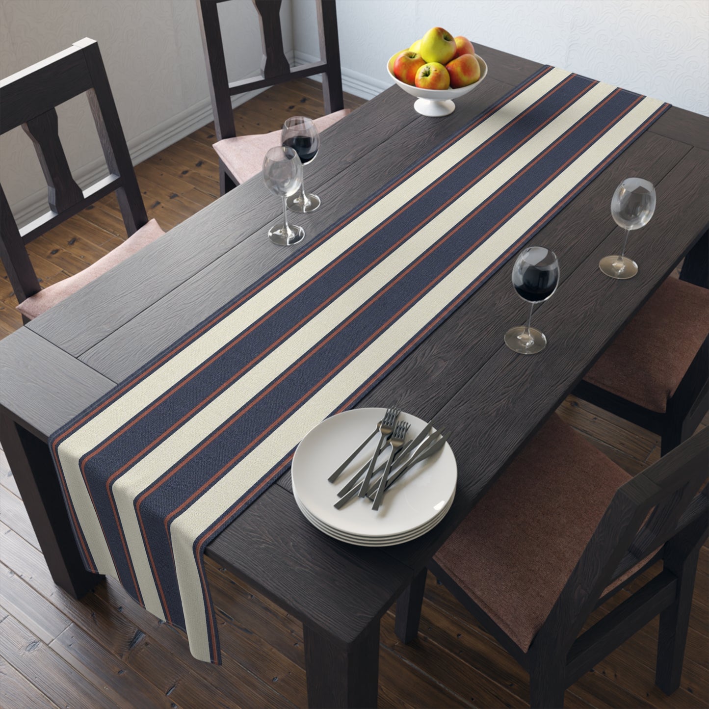 Coastal Regatta Cabana Stripe Table Runner - Classic cabana stripes in heritage red, ivory, and navy bring a polished coastal touch to everyday dining, summer gatherings, and elegant seaside entertaining.