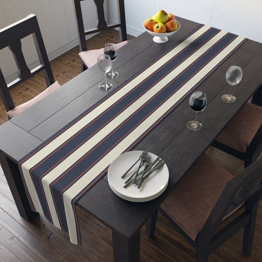 Coastal Regatta Cabana Stripe Table Runner - Classic cabana stripes in heritage red, ivory, and navy bring a polished coastal touch to everyday dining, summer gatherings, and elegant seaside entertaining.