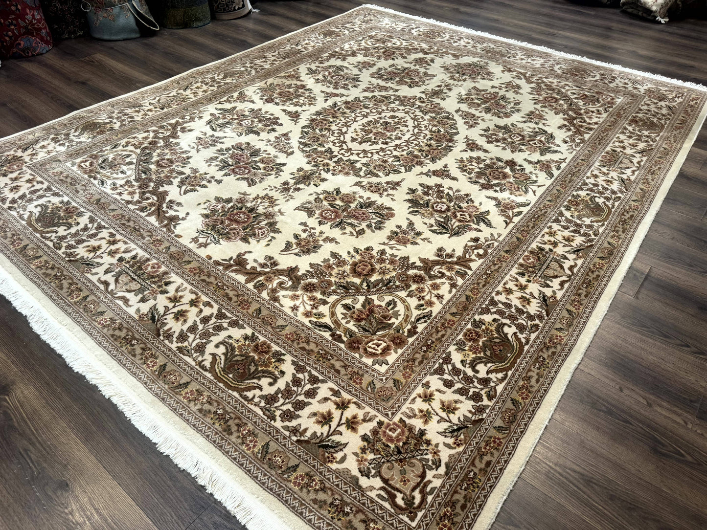 Sino Persian Hand-Knotted Wool & Silk Floral Area Rug – Beige, 8' x 10'