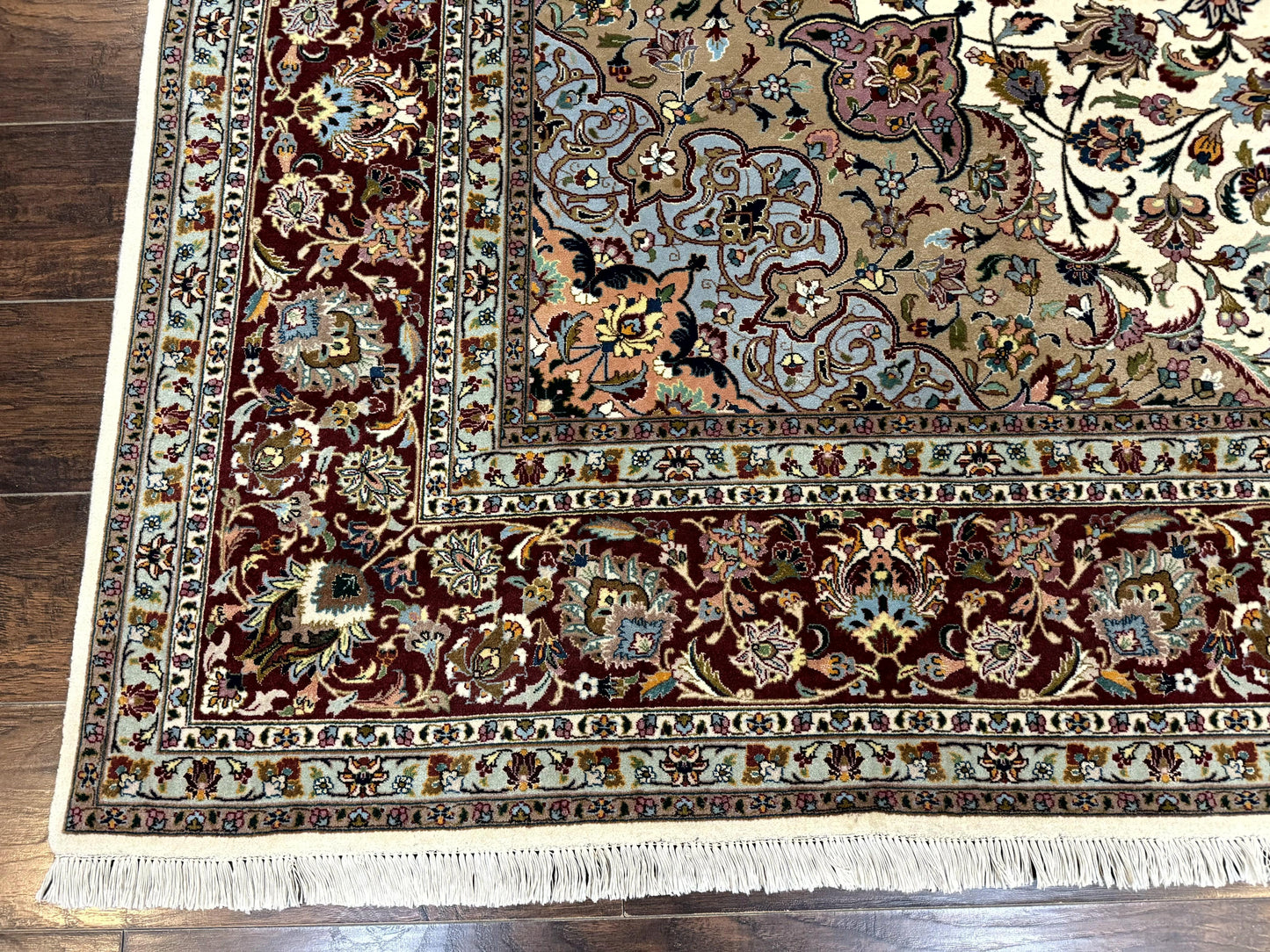 Persian Tabriz Rug 8x11, Floral Medallion Traditional Area Rug, Fine 300 KPSI, Ivory Maroon