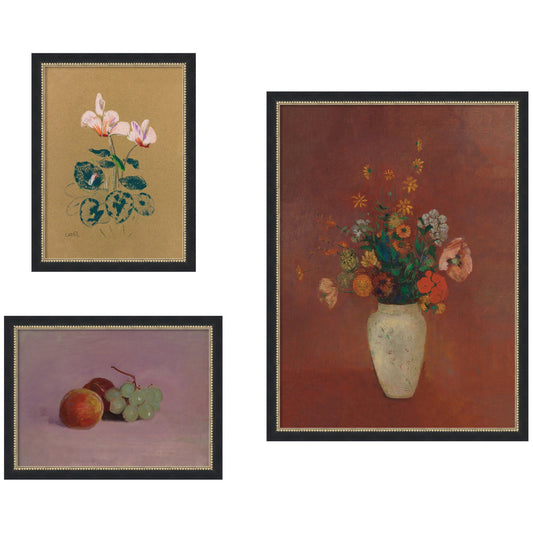 Cyclamen, Still Life with Fruit, & Bouquet in a Chinese Vase Odion Redo 3 Piece Framed Wall Art Print Set by Nostalgia Prints