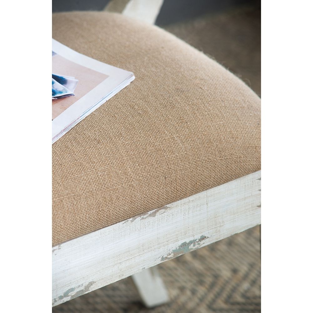 Harlow Country House Bench – Distressed White & Natural Linen