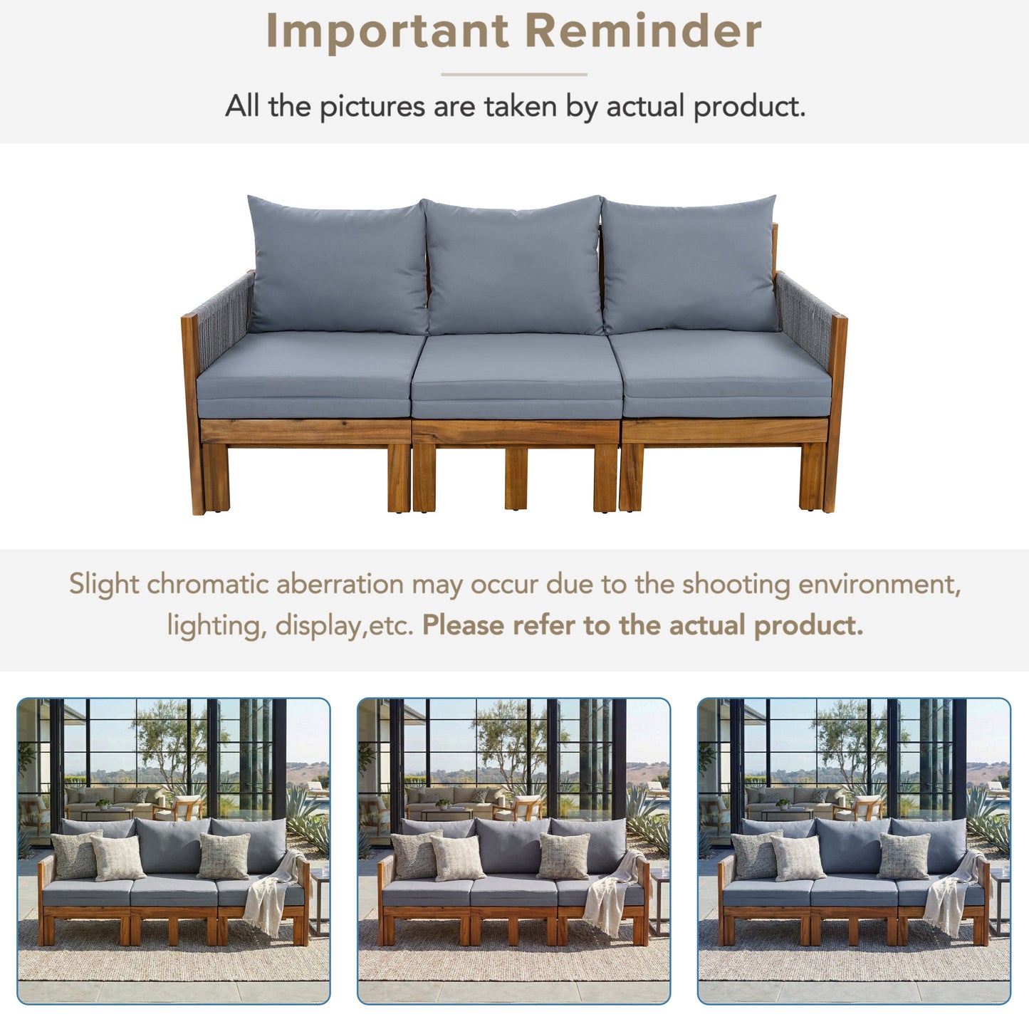 Chaise Lounge Acacia Wood Rope Natural Gray Cushion Convertible 3 Seat