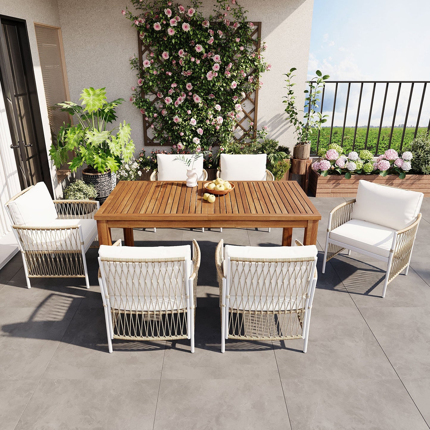 Patio Dining Set Rectangular, 67 Inch Wooden Table with 6 Rattan Armchairs