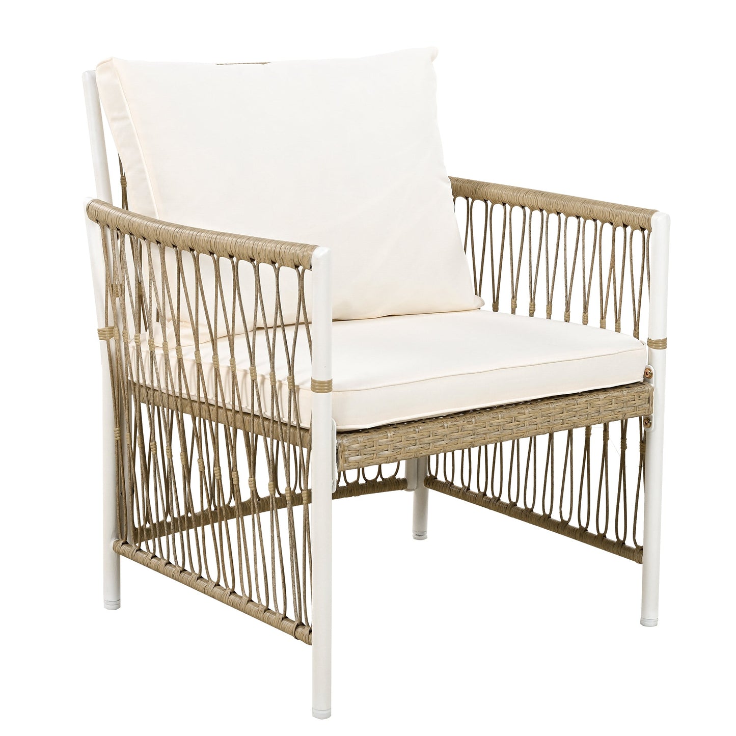Patio Dining Set Rectangular, 67 Inch Wooden Table with 6 Rattan Armchairs