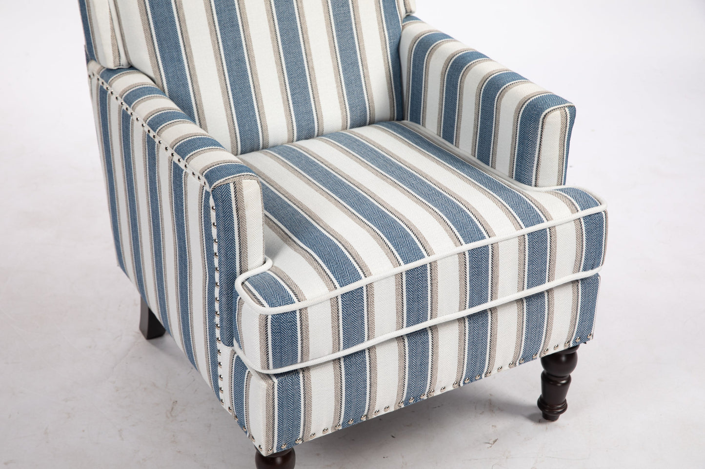 Accent Chair Vintage Blue White Stripe Linen Nailhead Trim