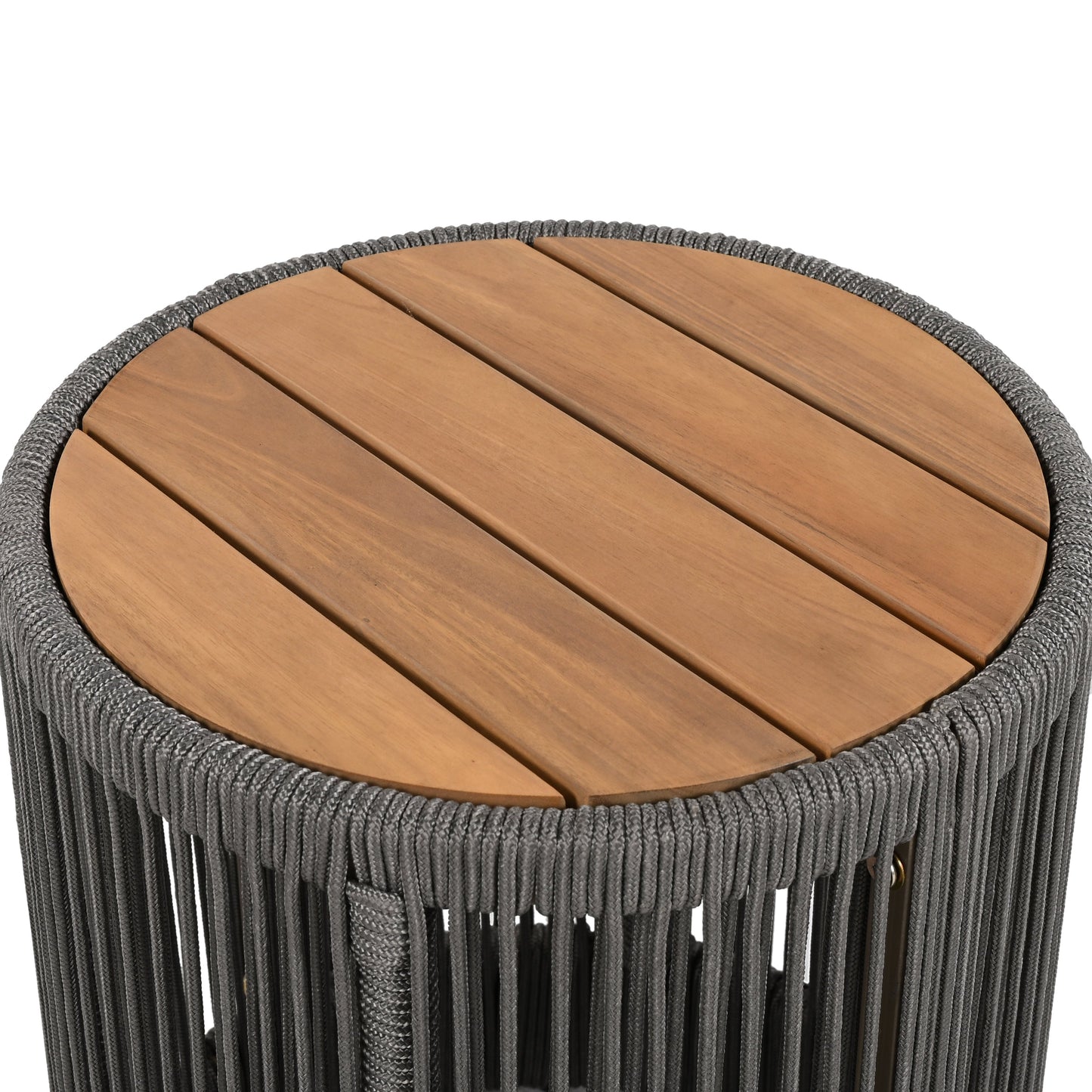 Outdoor Rope Lounge Set with Adjustable Backrest Teak Side Table Beige Cushions