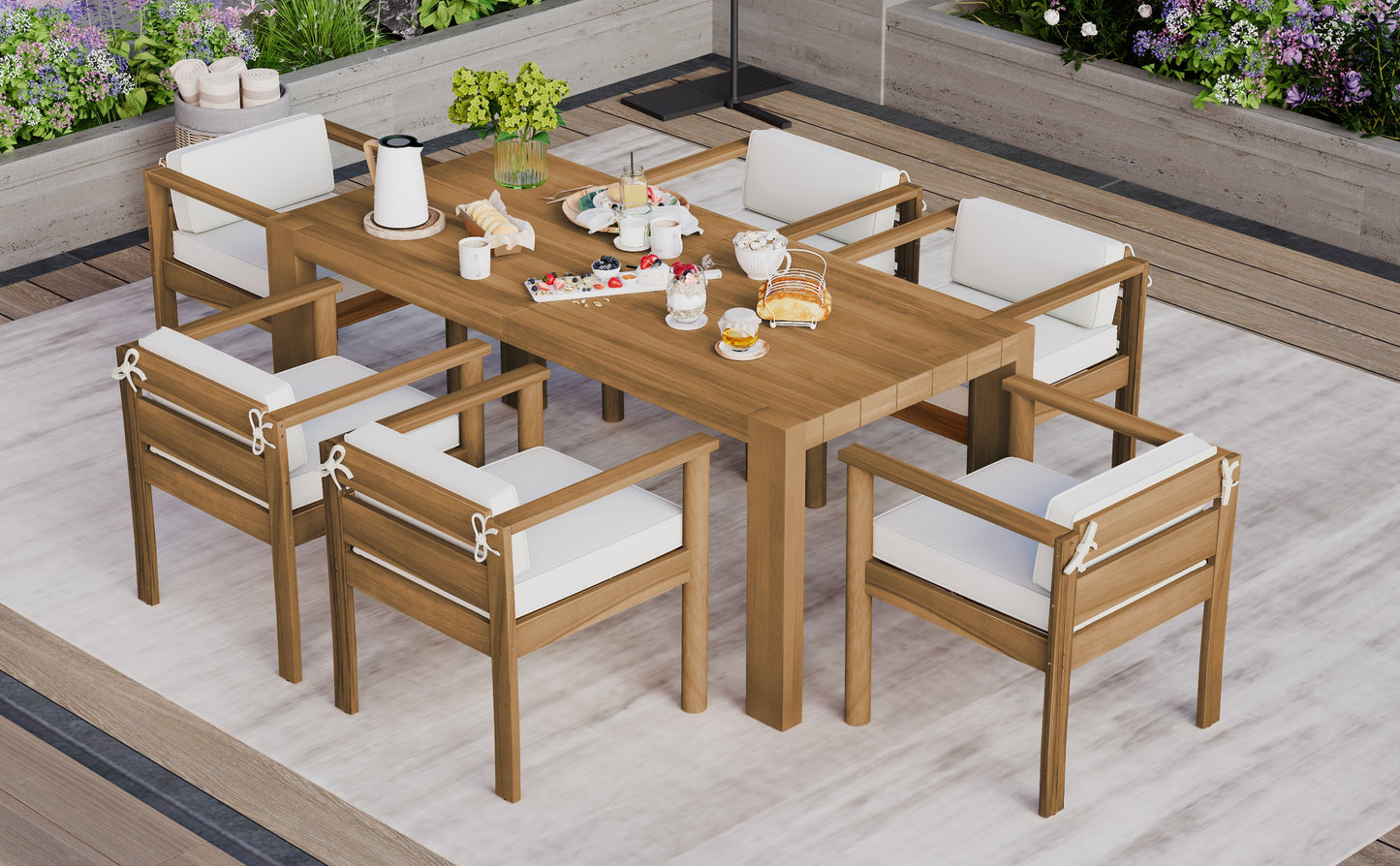 Patio Set Rectangle Light Teak with Removable Cushions for 6 72.8 Inch Table