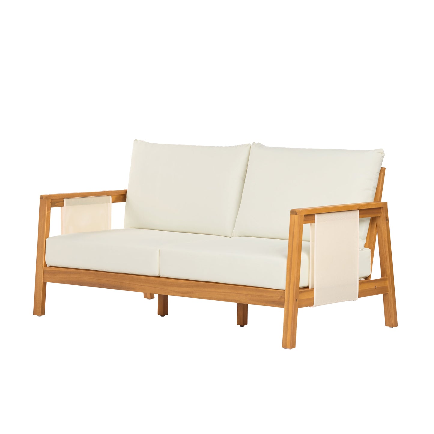 Outdoor Sofa Set Two Piece Acacia Wood Teak Finish Beige Cushions Coffee Table