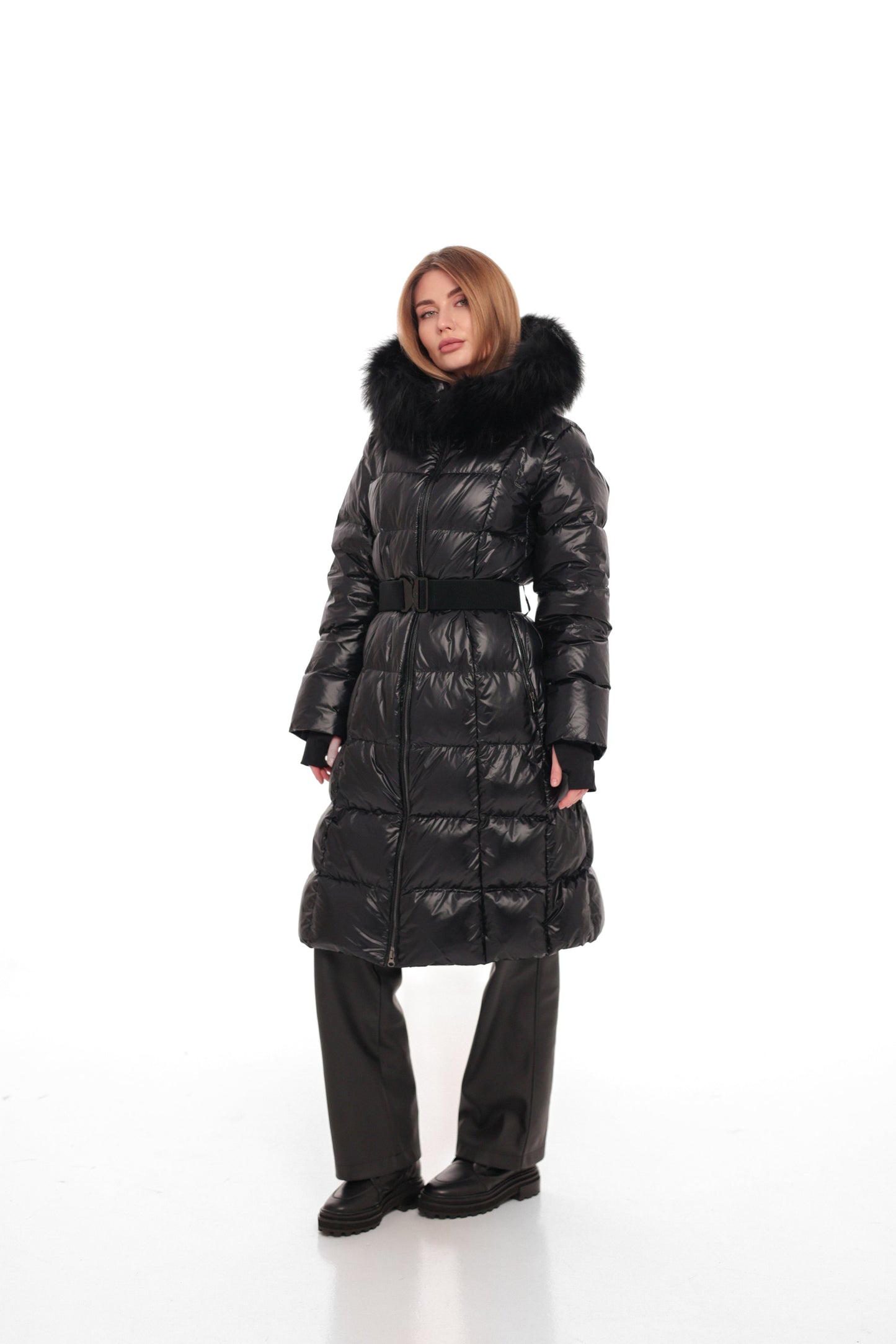 Cyrus Genuine Fur Trim Down Fill Coat in Black