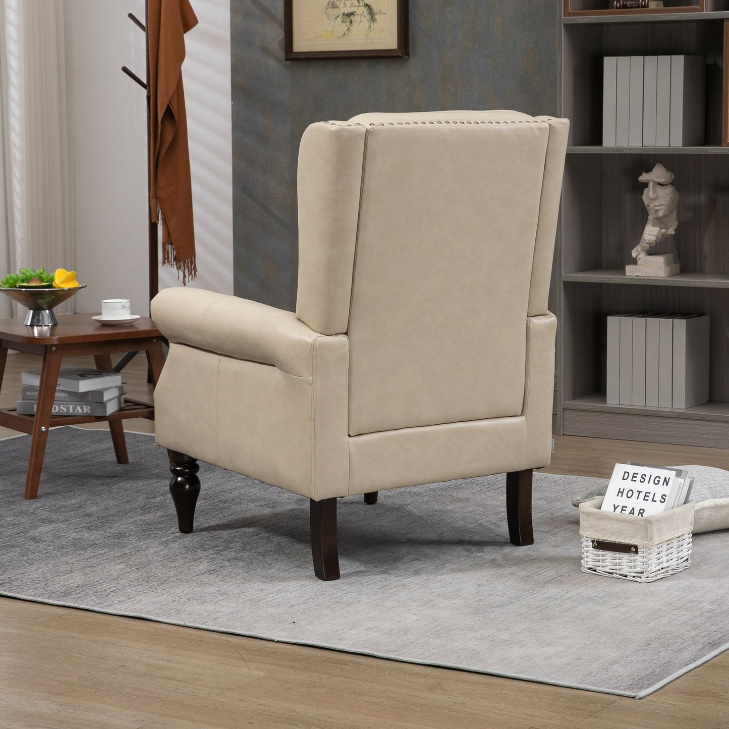 Accent Lounge Chair PU Leather Camel Rubber Wood Legs Sinuous Springs 250 LB
