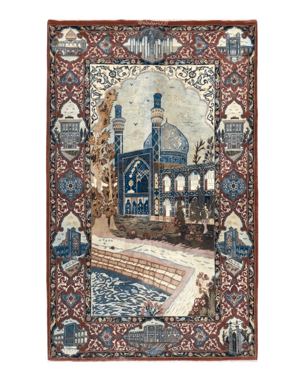 Persian Isfahan Pictorial Rug 3.6 x 5.7, Very Fine 400 KPSI, Historical Buildings, Signed By Masterweaver, Handmade