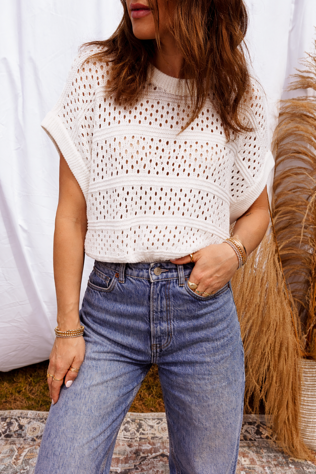 Rayna Out White Open Knit Dolman Sweater