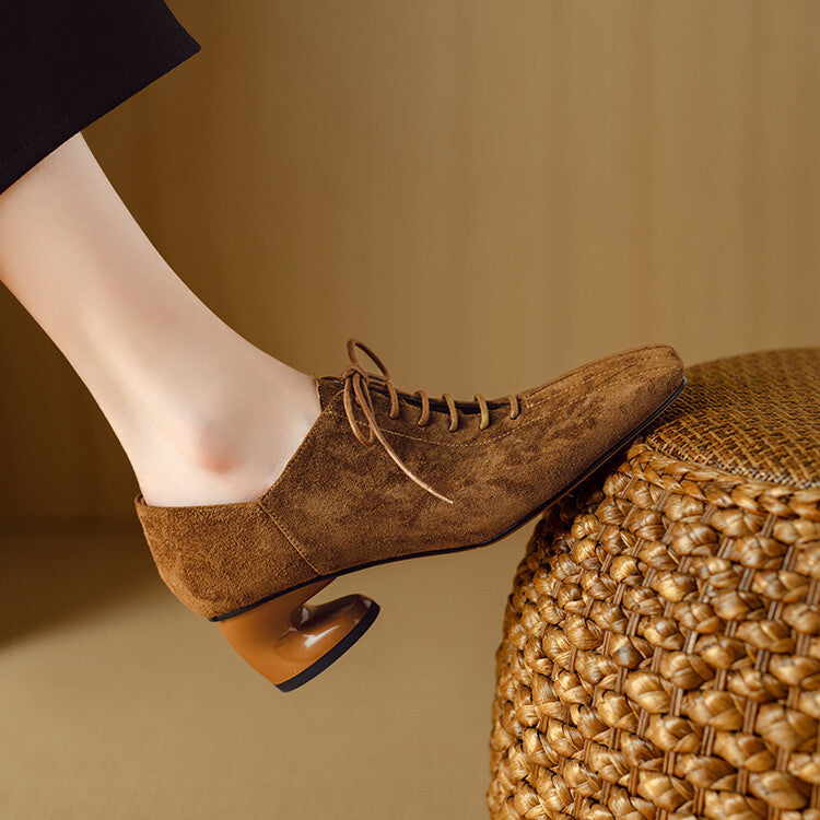 Women's Retro Sheepskin Chunky Heel Square Toe Pumps | Lace-Up Mid Heel Shoes