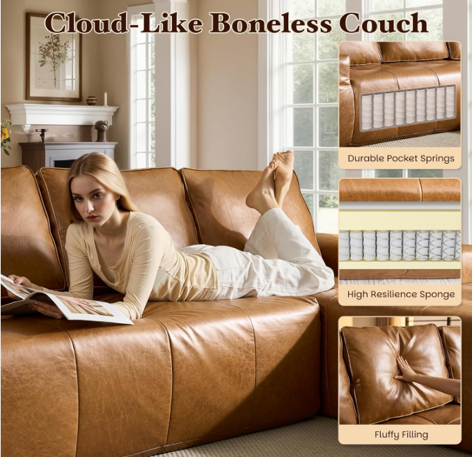 Sectional Sofa L-Shape Faux Leather Brown 3 Seat with Chaise 114 In
