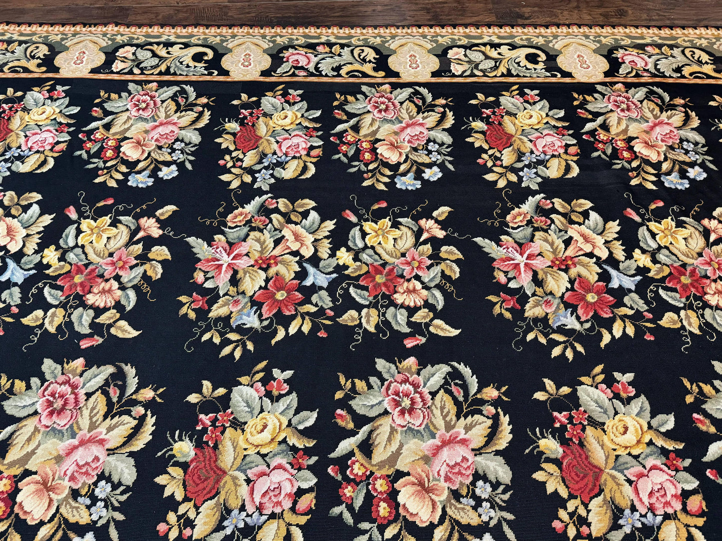 Palace Size Needlepoint Rug 12x16, Black and Colorful, Floral Panel, Handmade Oversized Wool Needlepoint Carpet, Rare
