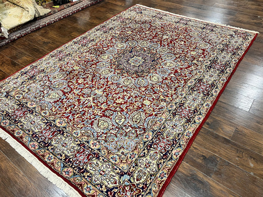 Persian Kirman Rug 7x10, Hand Knotted Wool Floral Medallion Carpet, Dark Red