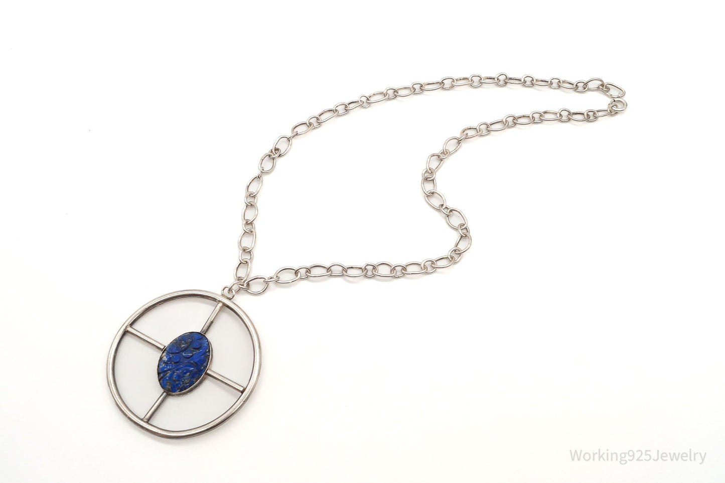 Antique Lapis Lazuli Modernist Style Large Pendant Silver Necklace
