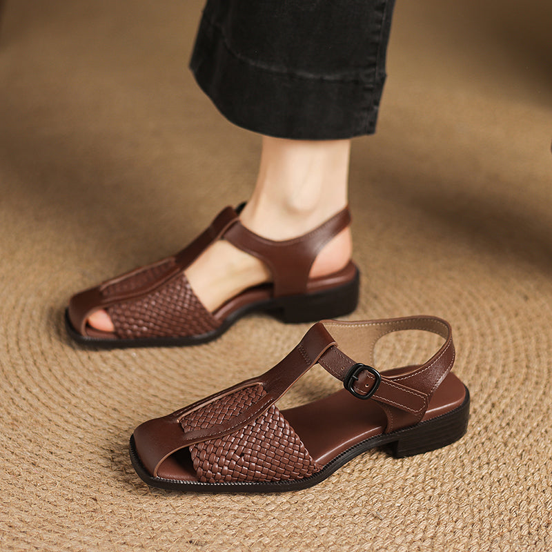 Women's Woven T-Strap Block Heel Sandals | Oiled Cowhide Square-Toe