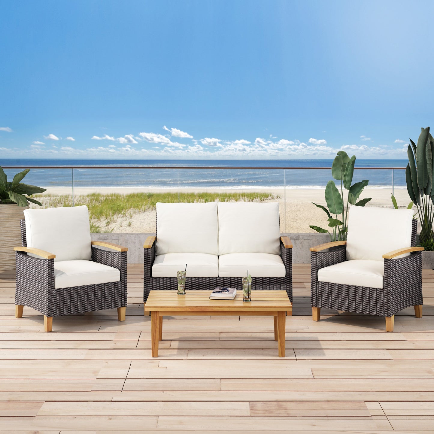 Outdoor Set: Transitional Teak Wood and Pe Rattan with Water Resistant Cushions
