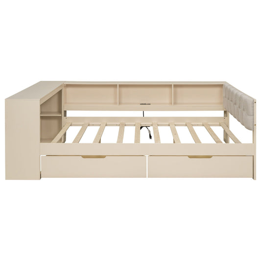 Upholstered Headboard Platform Bed With Storage Shelves, Drawers, Charging Station