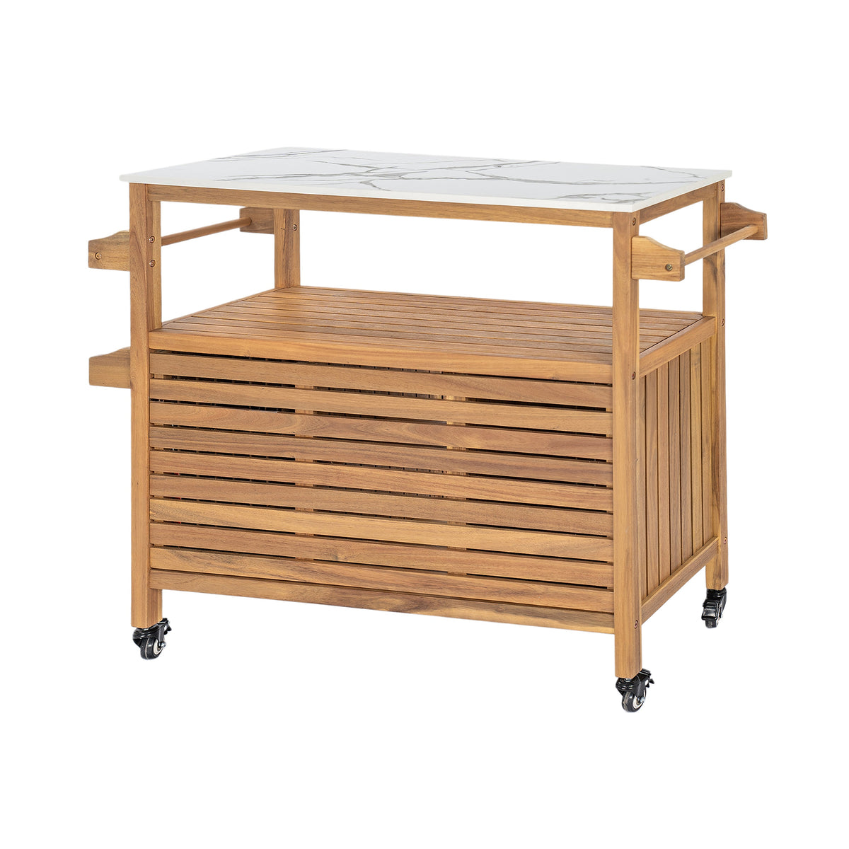 Wooden kitchen cart with marble top on a white background