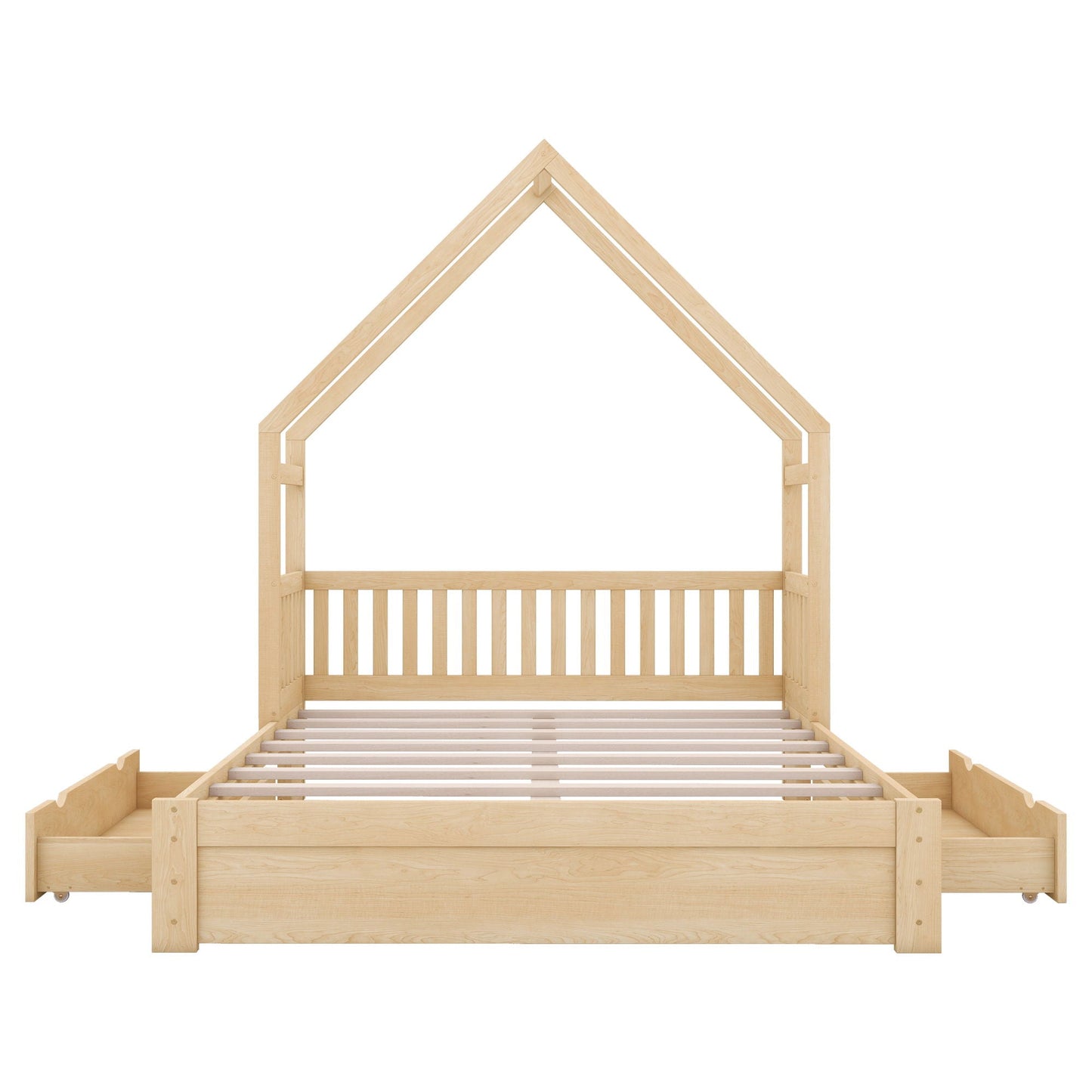 House Style Platform Bed With Guardrail And 2 Drawers