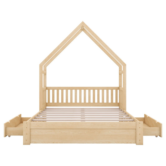 House Style Platform Bed With Guardrail And 2 Drawers