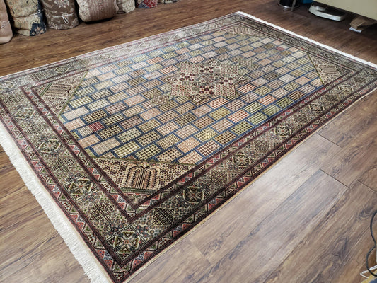 Sino Persian Silk Rug 6.4 x 9.9, Very Fine Hand Knotted Carpet, Panel Design Multicolor, Silk Pile on Silk Foundation, Handmade Vintage