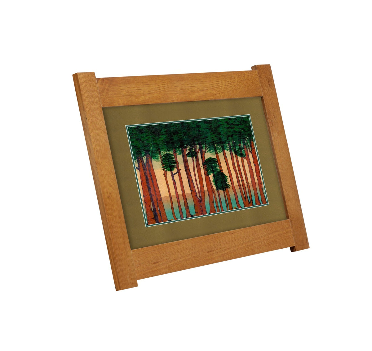 Framed artwork of a forest scene with a wooden frame on a white background