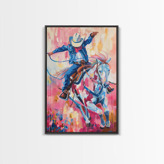 Energetic Cowboy on Horseback - Vibrant Western Art, Framed Canvas Print, Living Room Decor, Cowboy Rodeo Painting, Colorful Wall Art