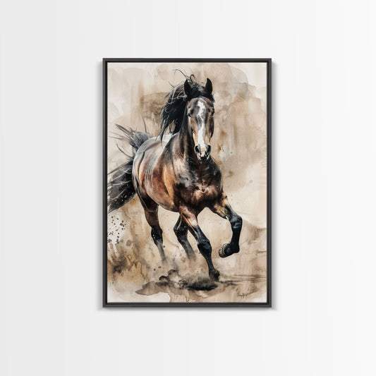 Running Horse in Motion - Framed Canvas Print, Lively Living Room Art, Vibrant Bedroom Decor, Equestrian Art, Wall Art