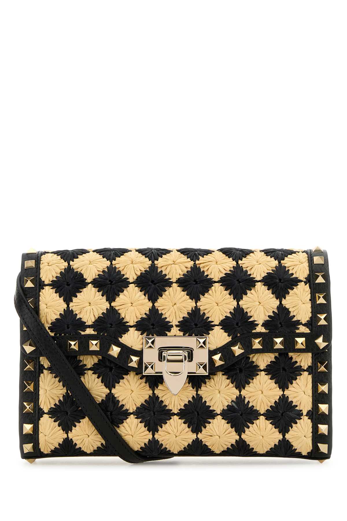 Valentino Garavani Women Two-Tone Raffia Rockstud Designer Luxury Crossbody Bag