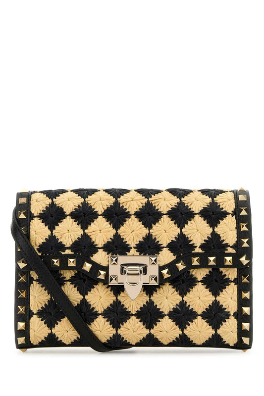Valentino Garavani Women Two-Tone Raffia Rockstud Designer Luxury Crossbody Bag