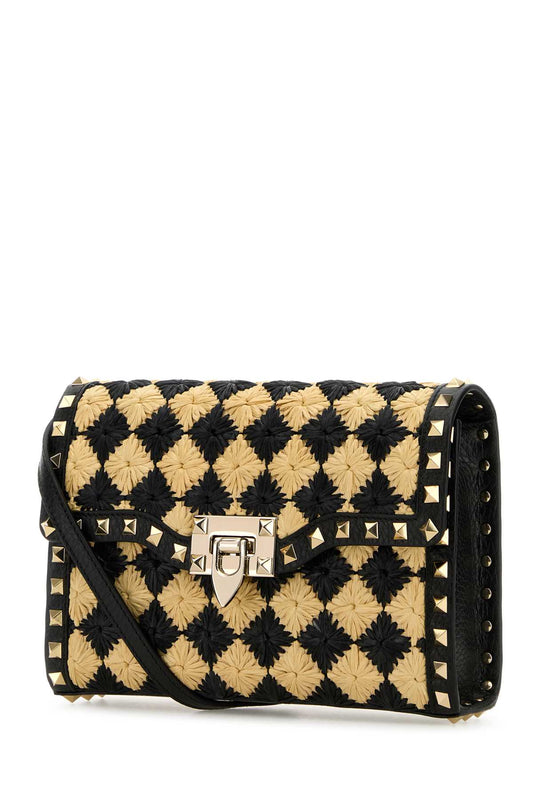 Valentino Garavani Women Two-Tone Raffia Rockstud Designer Luxury Crossbody Bag