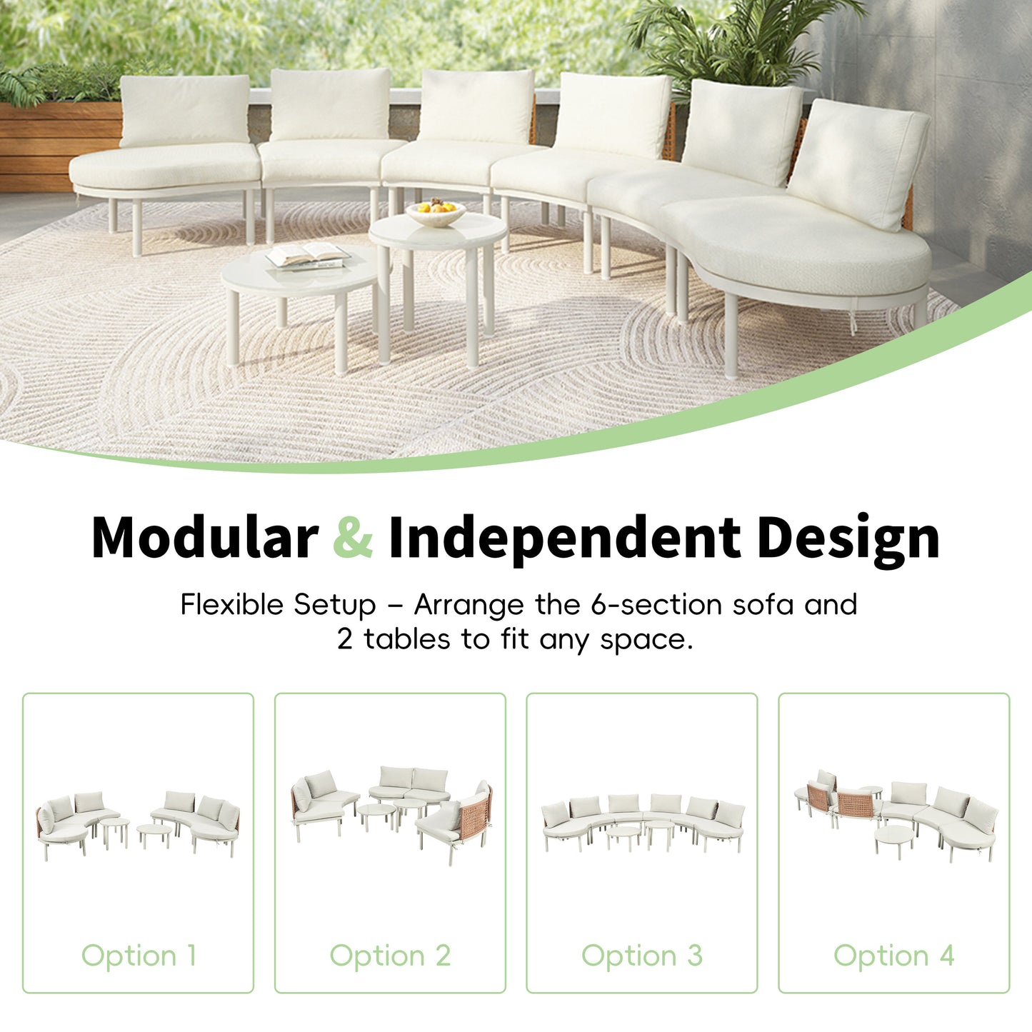 Outdoor Patio Set Half Moon Sectional with Two Coffee Tables Beige Pe Wicker